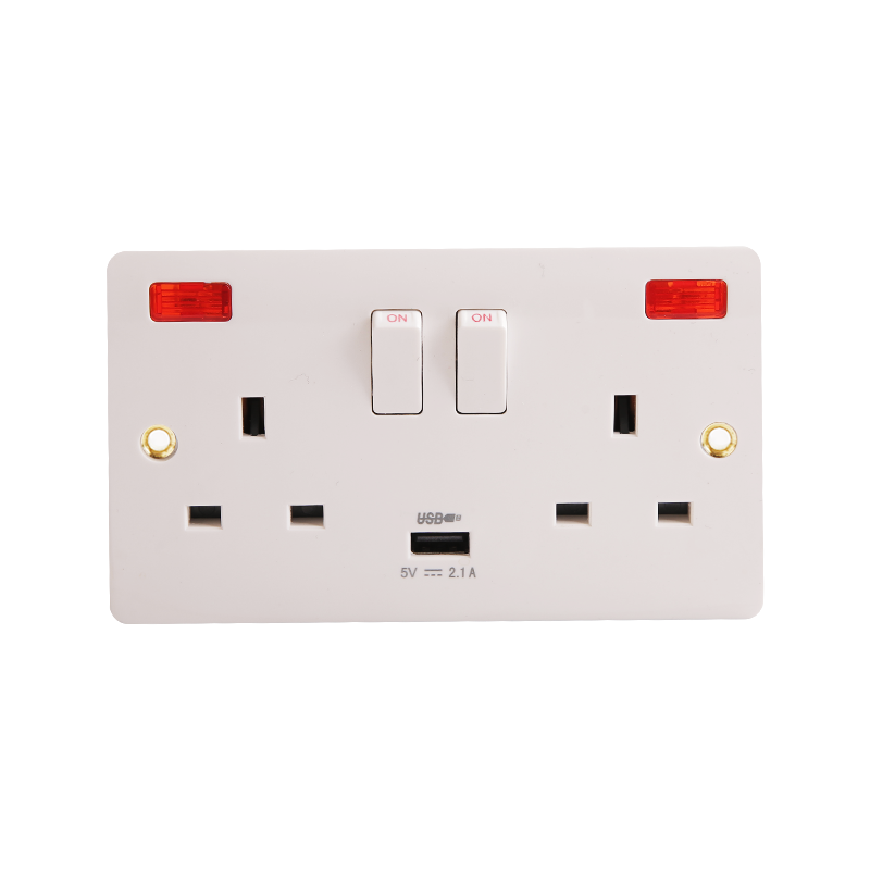 2 x 13A bakelitová spínaná zásuvka s neonem a USB (2,1A) HK6213VN-UB